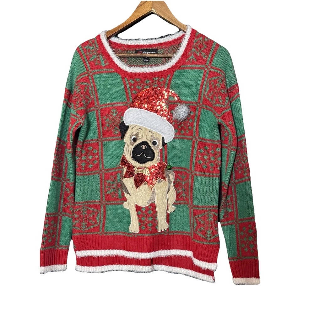 Ugly Christmas Sweater Pug Dog Mom Patchwork Knit Pullover‎ M Holiday Party